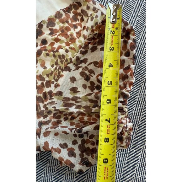 Leopard Print Ruched V-Neck Top By Cable & Gauge M/M Mesh Overlay & Puff Sleeves - Picture 8 of 8